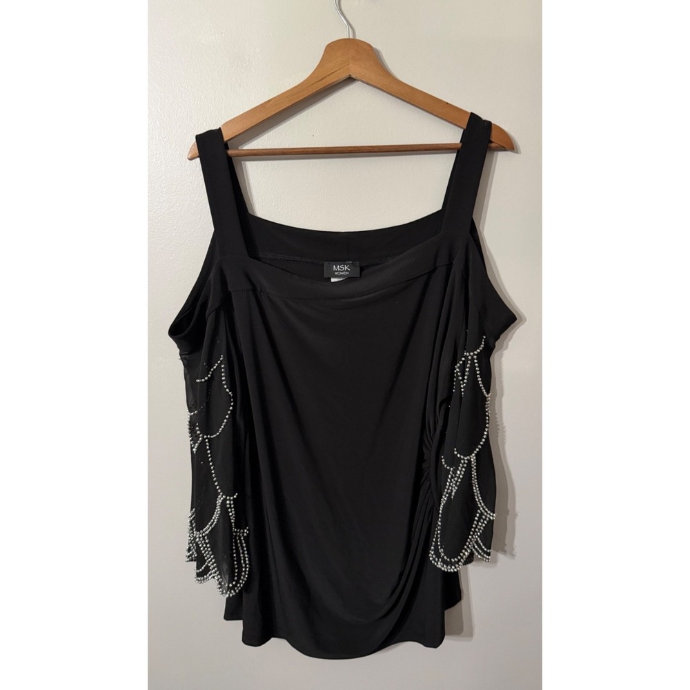 MSK Women's Black Rhinestone Embellished Cold Shoulder Top 3X Plus Holiday NYE